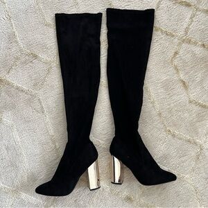 Charlotte Russe Stretch Suede Black Over-the-Knee Boots with Gold Heels